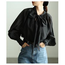 【トップス】 ブラウス プルオーバー リボンタイ ボウタイ ボリューム袖 長袖 シアー 黒 白 茶色