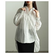 【チュニック】 トップス シャツ ブラウス ストライプ シアー 羽織り オフホワイト ライトピンク