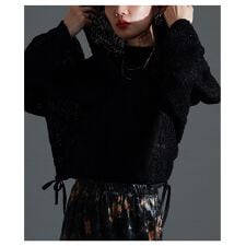 【トップス】 パーカー 花柄 刺繍 レース 長袖 ショート ドロスト ブラック アイボリー モカ