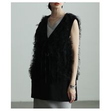 【トップス】 ジレ ベスト ジャケット 羽織り チュール フリル シアー アンサンブル 黒 グレー