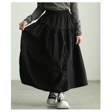 【スカート】 ギャザー 変形 切り替え ウエストゴム アシンメトリー ロング ブラック グレー 無地