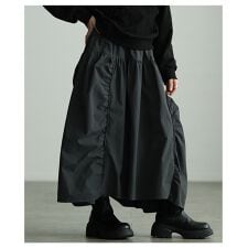 【スカート】 ギャザー 変形 切り替え ウエストゴム アシンメトリー ロング ブラック グレー 無地