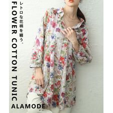 ブラウス】 レディース トップス チュニック 長袖 花柄 フラワー 