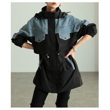 【アウター】 ブルゾン 異素材 デニム フーディー ドッキング ドロスト 長袖 ポケット ブラック