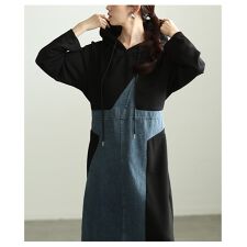 【ワンピース】 レディース 長袖 ロング丈 フード付き ゆったり デニム スウェット 体型カバー