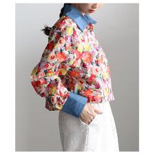 【シャツ】 トップス 長袖 フラワープリント ボリューム袖 ショート丈 柄シャツ コットン 春 春服