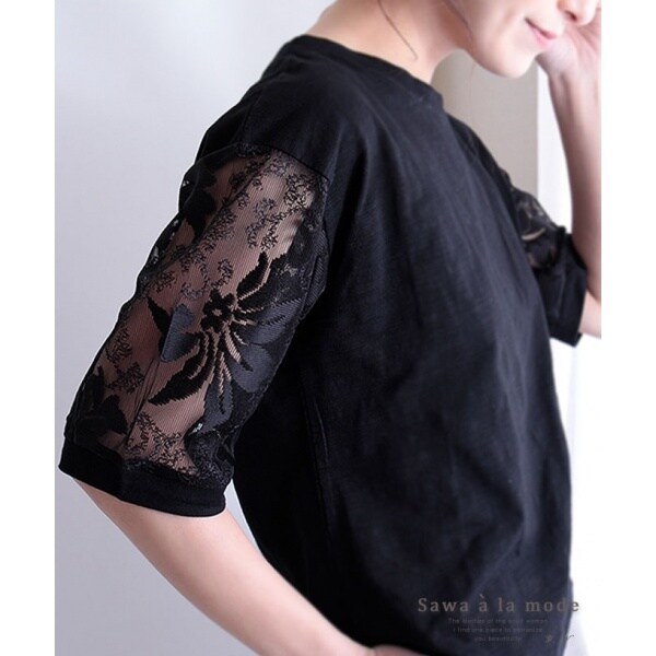 信頼への信頼 花柄レース透ける5分袖トップス レディース ブラック Tシャツ 服&ファッション小物