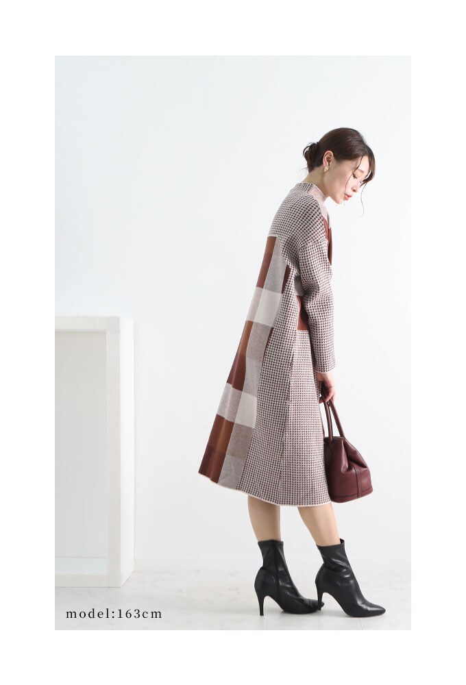 レディース ファッション ワンピース ブラウン 長袖 チェック模様 春 秋 冬 ニット ハイネック サワアラモード Sawa A La Mode Mode 6522 ファッション通販 マルイウェブチャネル