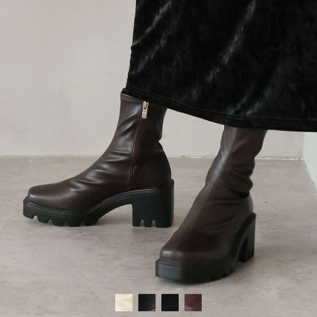 スクエアトゥレザーロングブーツ | ヒナ デイ グリーン(Hina Day Green