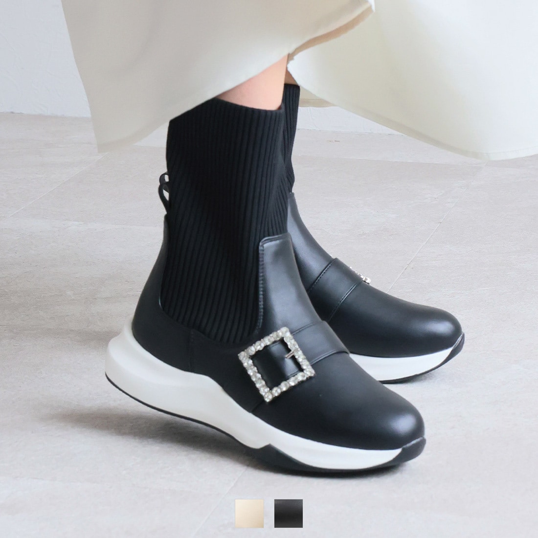 アーモンドトゥヒールストレッチニットショートブーツ 24SS