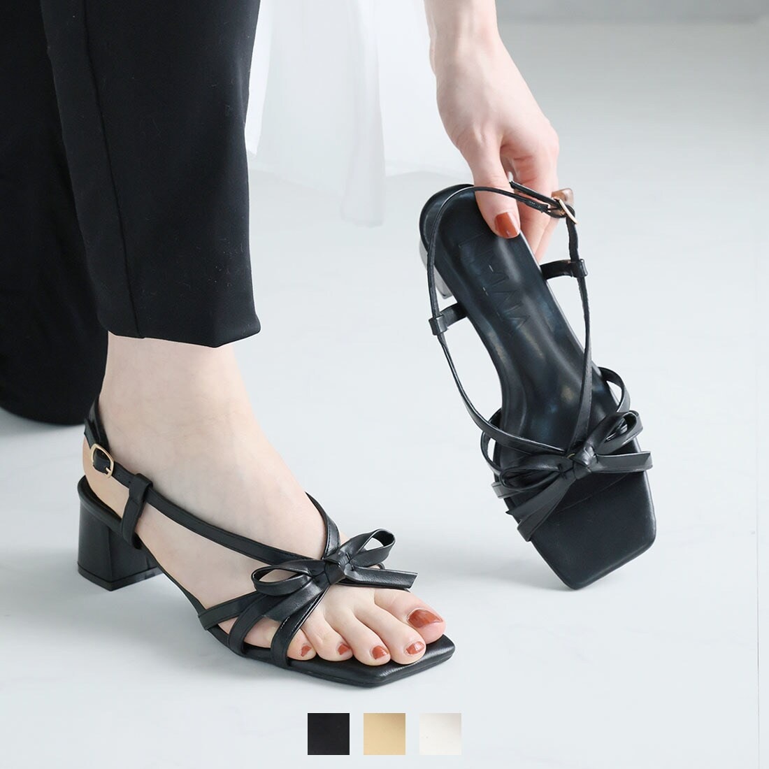 25春夏新作】スクエアトゥリボンストラップサンダル