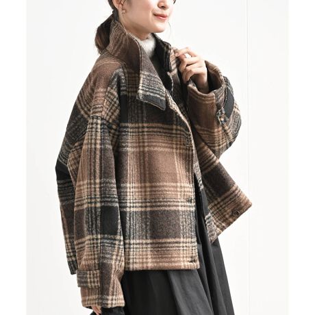 チェック柄ショート丈スタンドカラーコート | アール・ピー・エス 