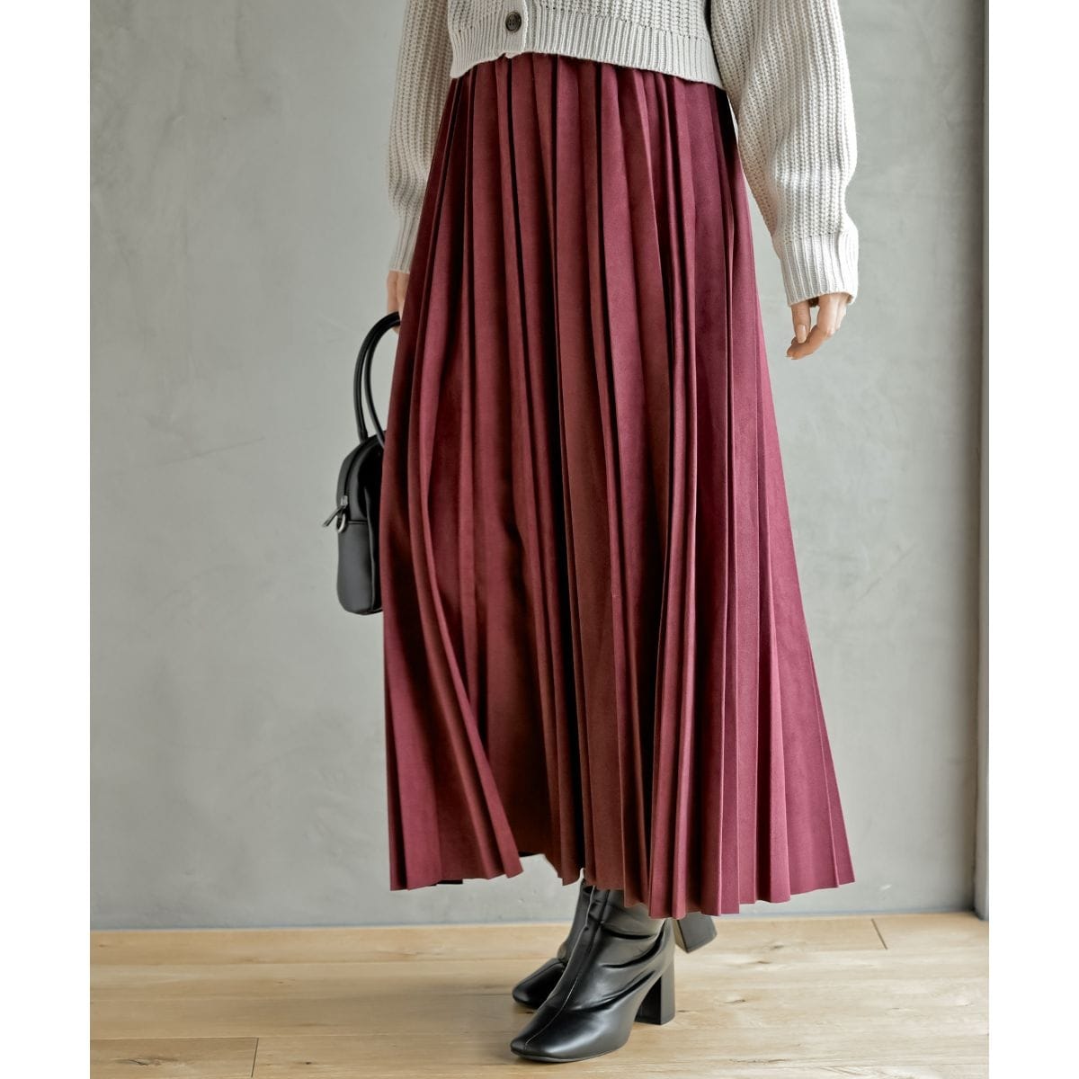 ★45R 赤ニットプリーツスカート3 ストライプ 膝下 ウール 日本製 レッド BEATJIVE スカート 裏起毛 ロングスカート ニット フリース