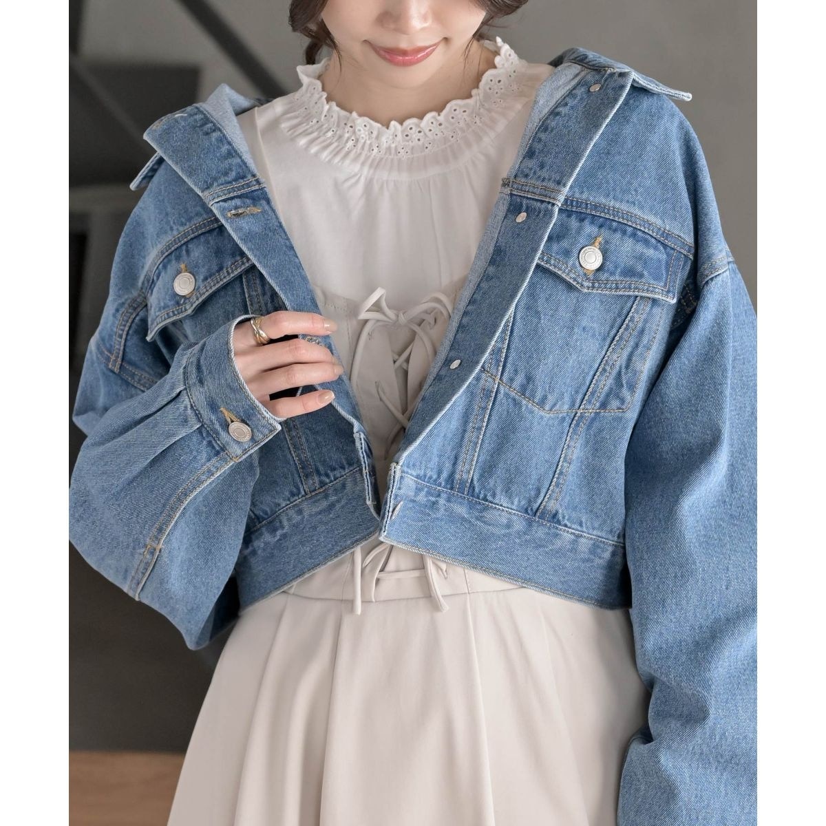 新品タグ付SHIPS anyノーカラー デニム ブルゾン ジャケット シップス セール】SHIPS any: ノーカラー デニム ブルゾン［SHIPS any