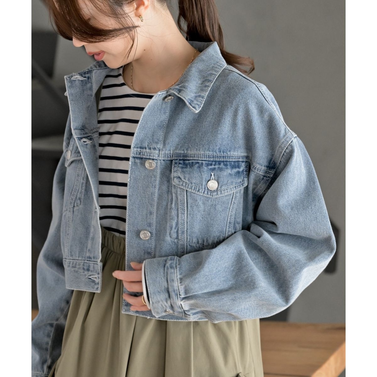 SHIPS any: ノーカラー デニム ブルゾン［SHIPS any DENIM