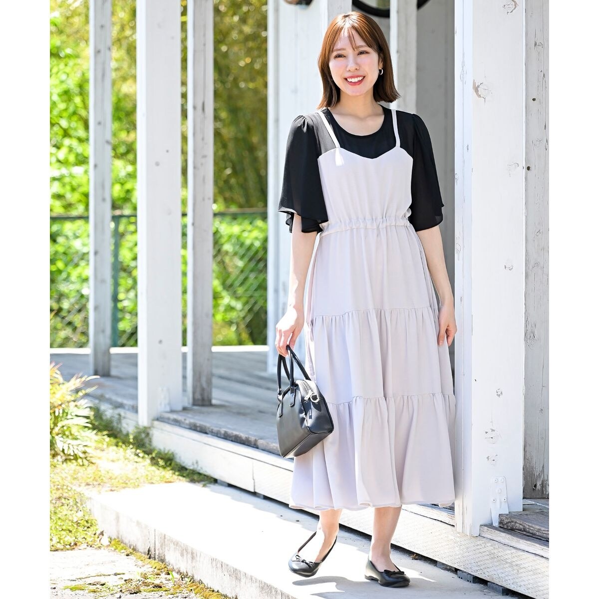 【新品未使用】フラボア　クールカットドレス・ティアード・異素材ドッキング・切替 接触冷感♪涼しげフリルで夏の装い。布帛ドッキング袖フリルティアード