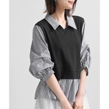 変形タックスリーブ衿付きドッキングブラウス