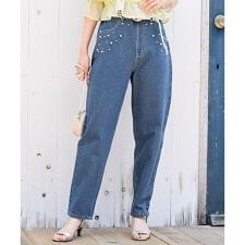 パール付きテーパードデニムパンツ