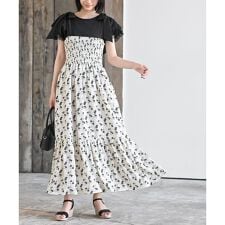 フラワープリント肩リボンシャーリングワンピース