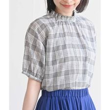 コットンボイルチェックフリル衿ブラウス