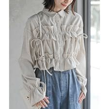 フリルリボンコーデュロイキャンディ袖ブラウス