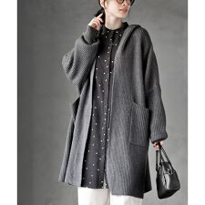 フード付きロングニットカーディガン