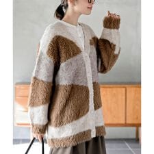 異素材MIX×柄ニットカーディガン