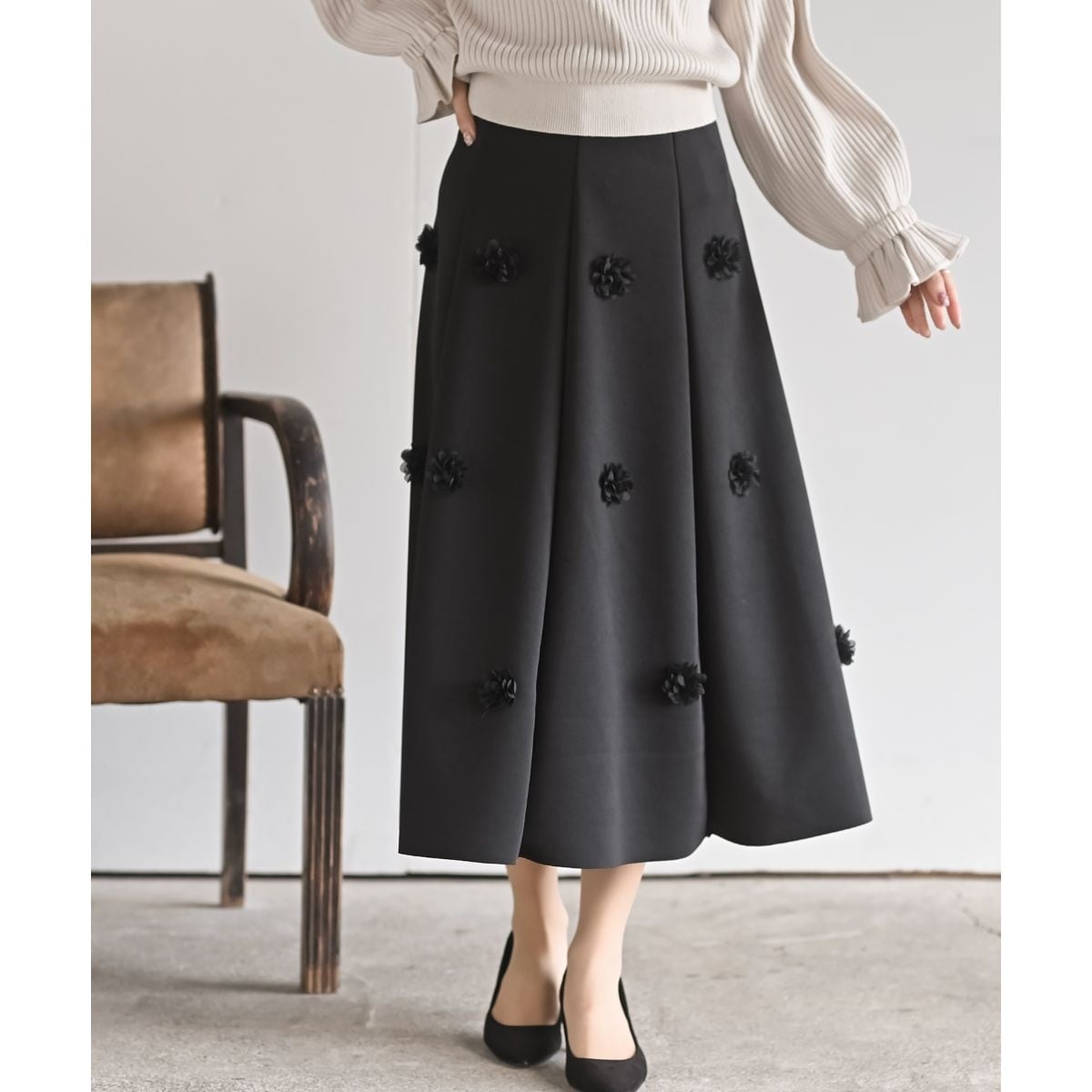 WALDO】ジャガード柄ウエストリブフレアスカート | ニコルホワイト