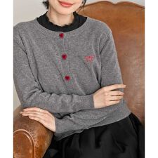 リボン刺繍&ハートボタンクルーネックカーディガン