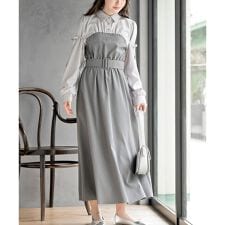 異素材切替リボン袖ドッキングワンピース