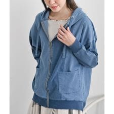 インディゴ裏毛布帛切替ジップパーカー