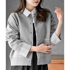 バイカラークルーネックスポンジニットカーディガン