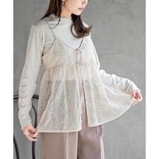 花柄刺繍前開きダブルリボンキャミチュニック