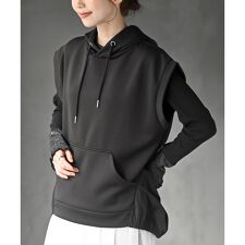 異素材切替タックギャザーフード付きベスト