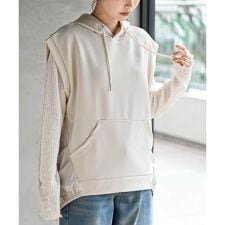 異素材切替タックギャザーフード付きベスト