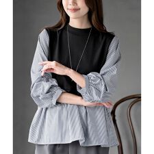 変形タックスリーブ衿付きドッキングブラウス