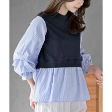 変形タックスリーブ衿付きドッキングブラウス