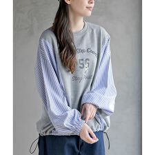 無地×ストライプ切替ミニ裏毛ドロストプルオーバー