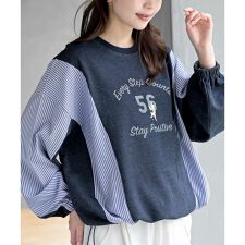 無地×ストライプ切替ミニ裏毛ドロストプルオーバー