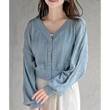 リボンボタン透かし編みニットカーディガン