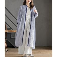 ストライプパターン切替7分袖シャツワンピース