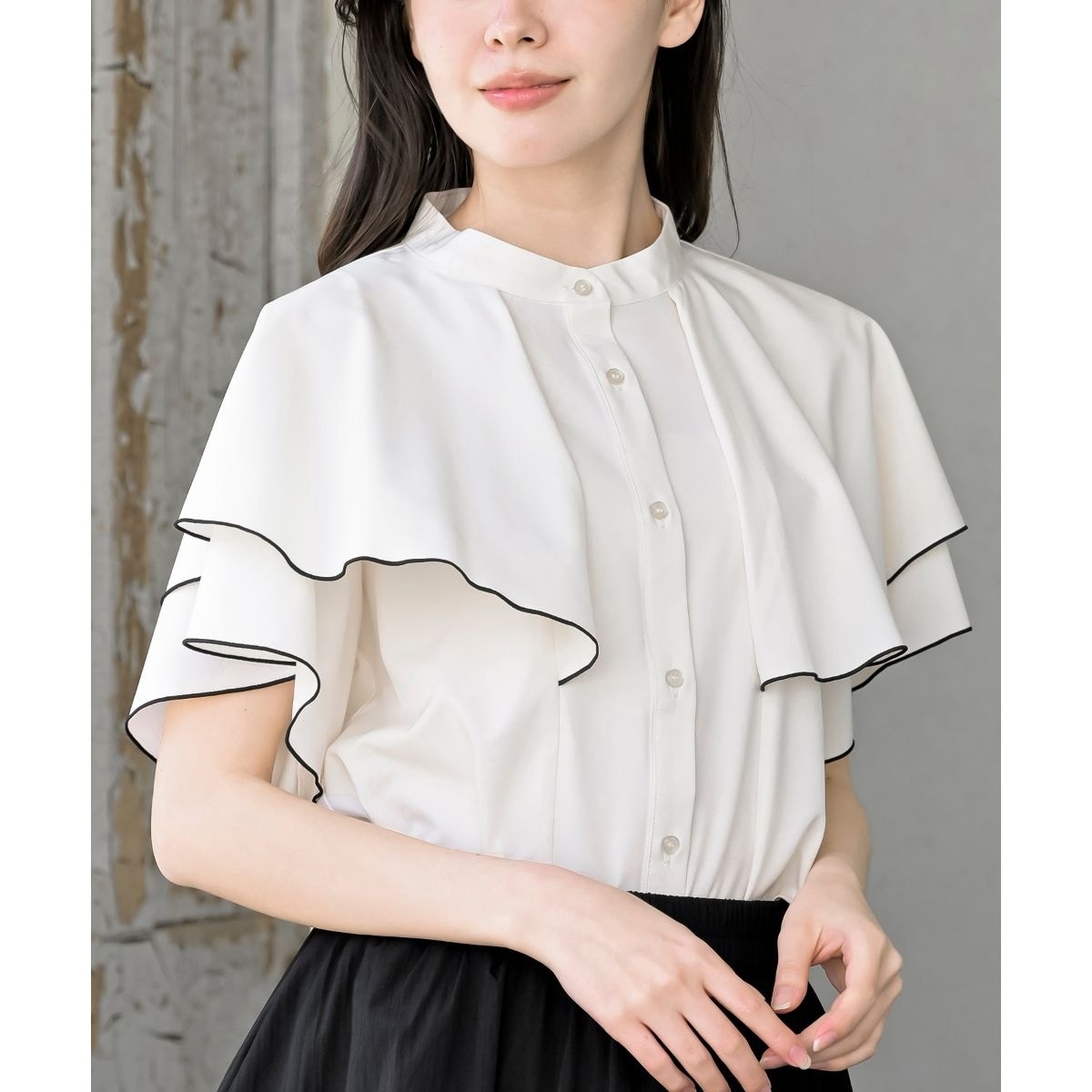 新品 Drawer ドゥロワー コンビケープブラウス バンドカラー配色ケープブラウス | アール・ピー・エス(r.p.s