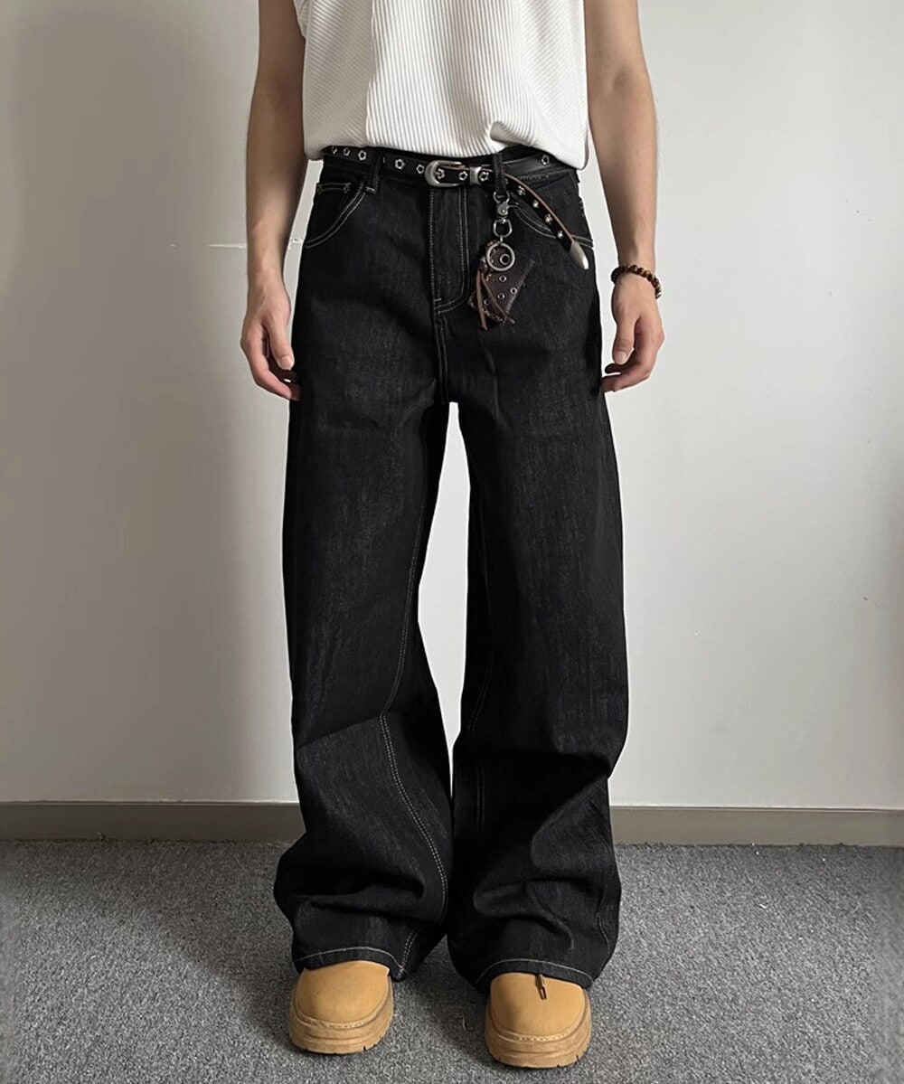 ユーロブラック リジットデニム ワイドバギー バレルパンツ | ニュー
