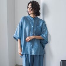 【大きいサイズ】【biyori】”風をまとう、大人のシアー”デニムシャツ≪洗濯機で洗える≫