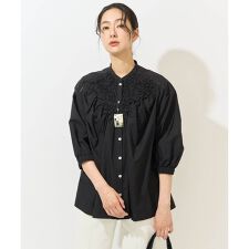 バンドカラーハンドスモッキング7分袖ブラウス