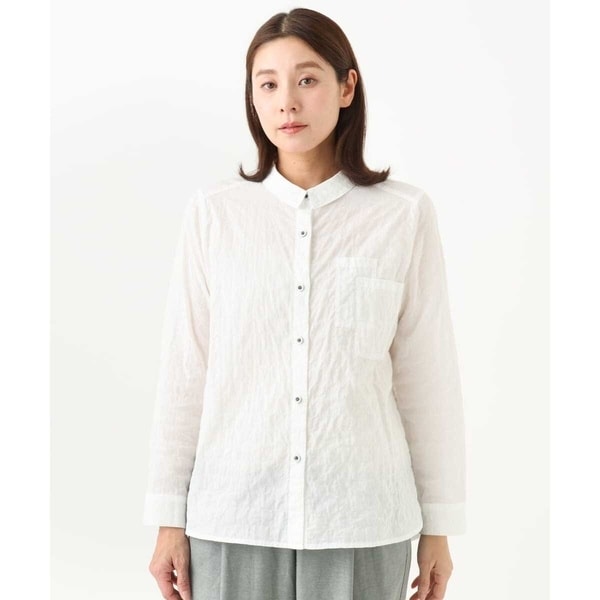 [洗える]シャーリングシャンブレープルオーバーブラウス 洗える]シャーリングシャンブレープルオーバーブラウス(ブラウス