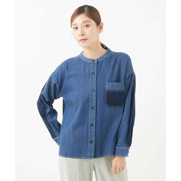 洗える]シャーリングシャンブレープルオーバーブラウス