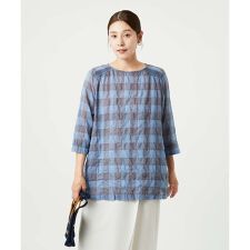 [洗える]シャーリングチェックチュニックブラウス