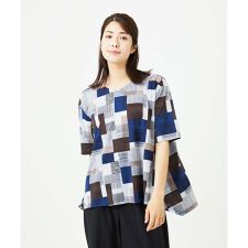 [接触冷感・洗える]ルービックブロックプリント五分袖カットソー