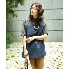 [洗える・日本製]ドッキングコットン天竺チュニックカットソー